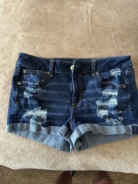 American Eagle Outfitters Dark Blue Distressed Rolled Cuff Jean Shorts